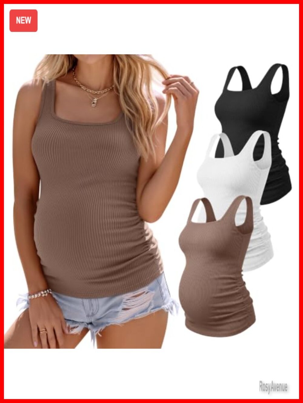 Maternity Tank Top 3 Pack Cotton Spandex Ruched Square Neck Sleeveless